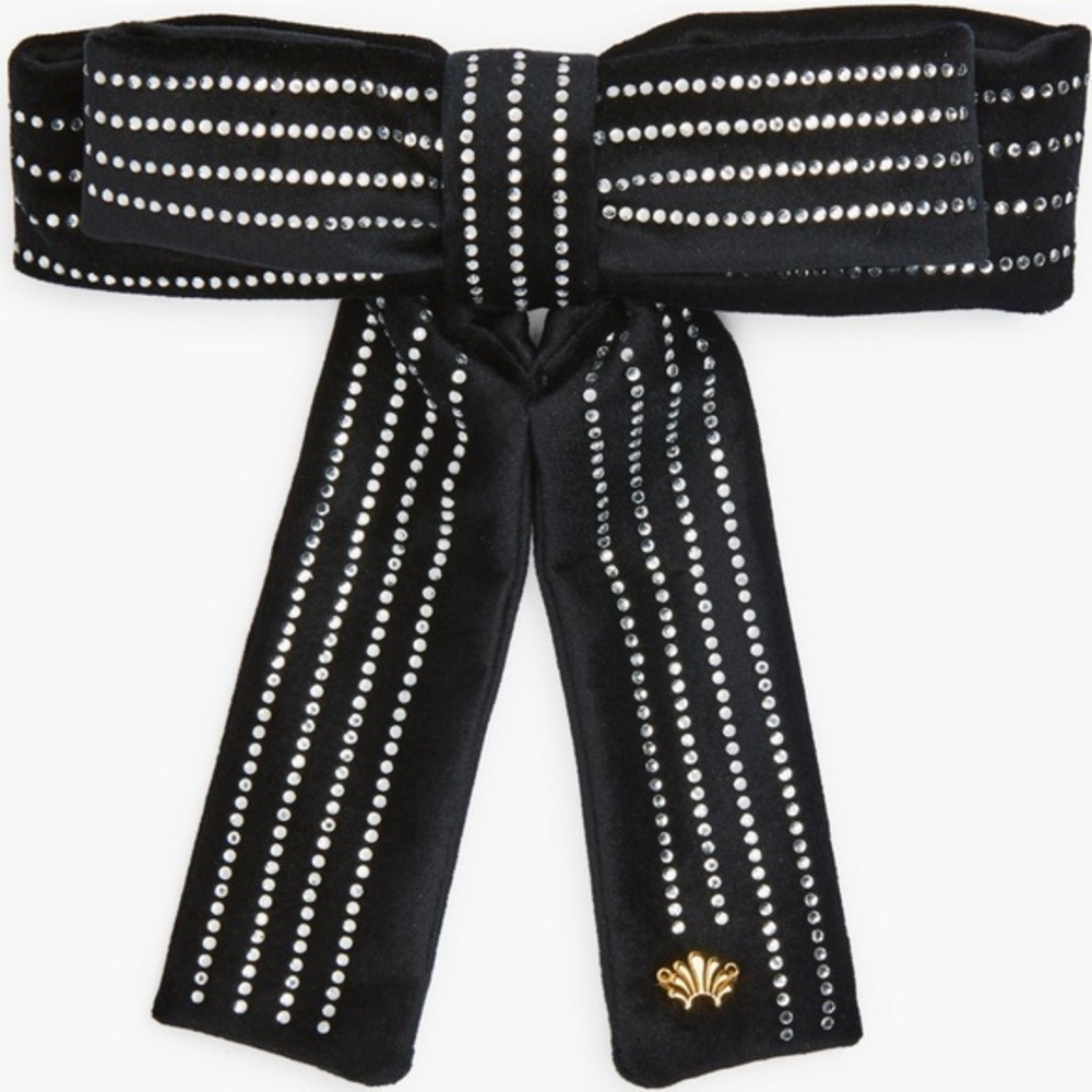 Lele Sadoughi Antoinette Black Crystal Pinstripe Hair Bow Clip::NWT::